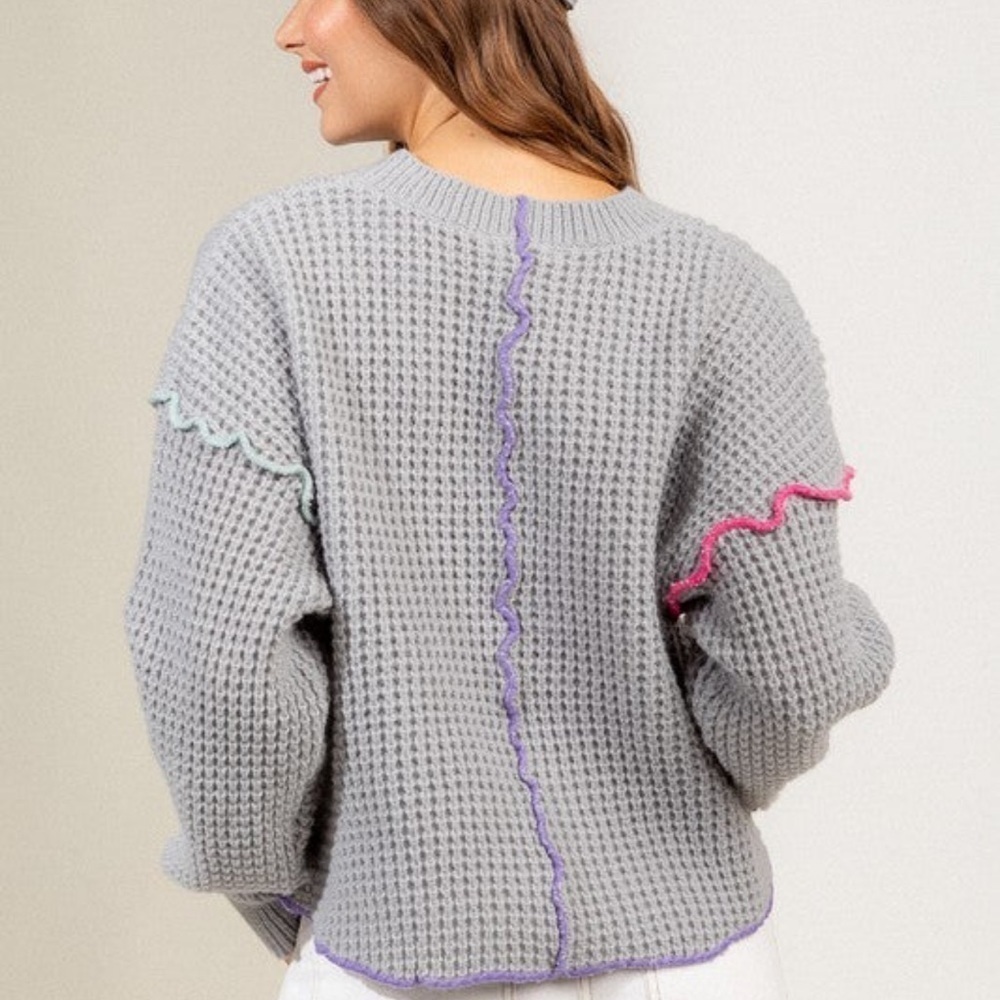 Very J Mocha Stitch Detail Casual Round Neck Sweater - Picture 5 of 6